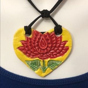 BOHO Ceramic Lotus Flower Ceramic Heart Adj. Suede Necklace
